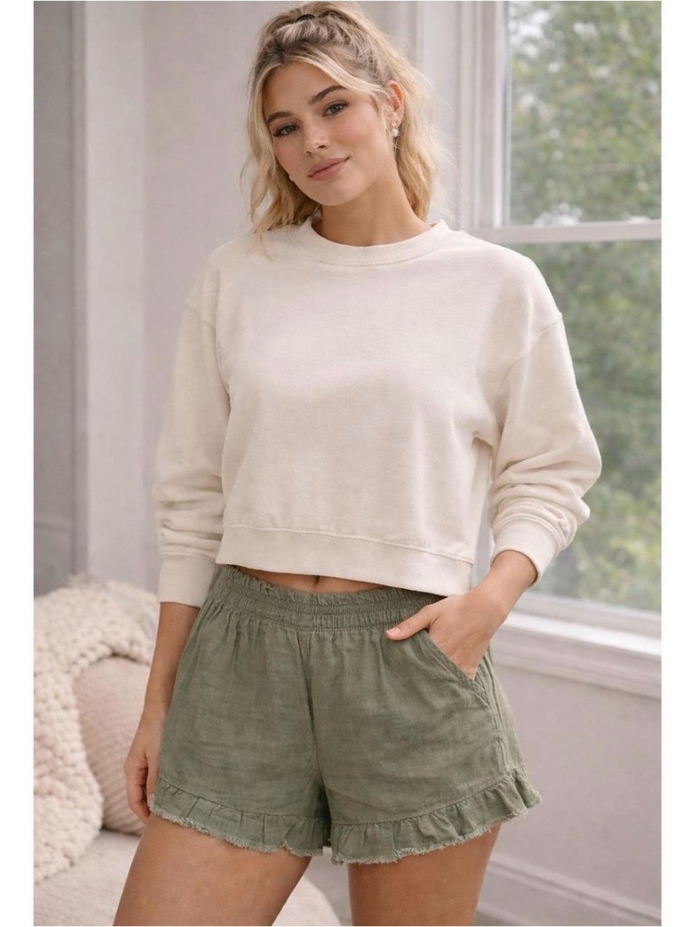 Aerie High Waisted Women Olive Green Shorts Linen Blend Size Small